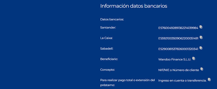 Información de los datos bancarios de Avinto