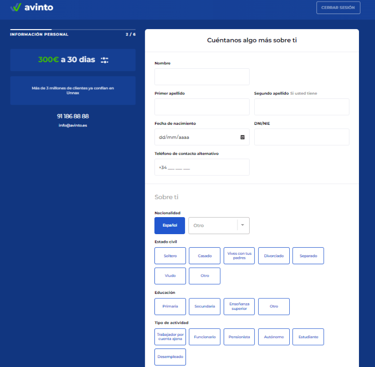 Simulación Minicrédito Avinto - Creación cuenta de usuario