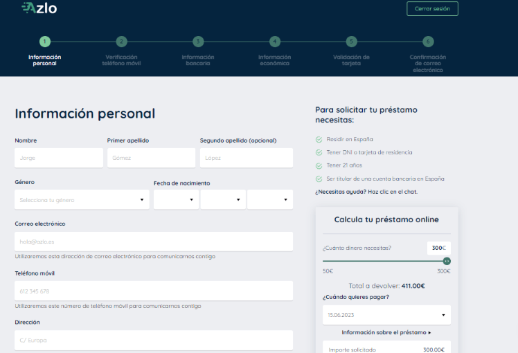 Simulación Minicrédito Azlo - Formulario información personal