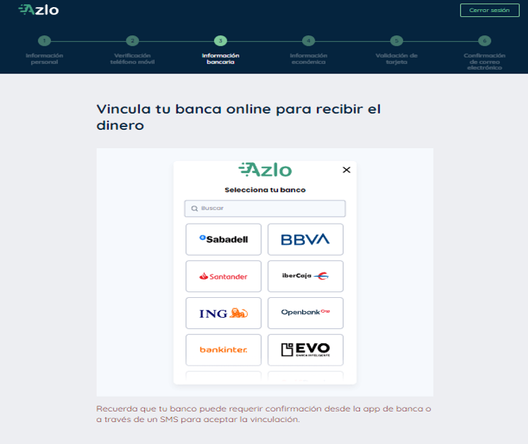 Simulación Minicrédito Azlo - Selección de entidad bancaria para vincular tu banca online