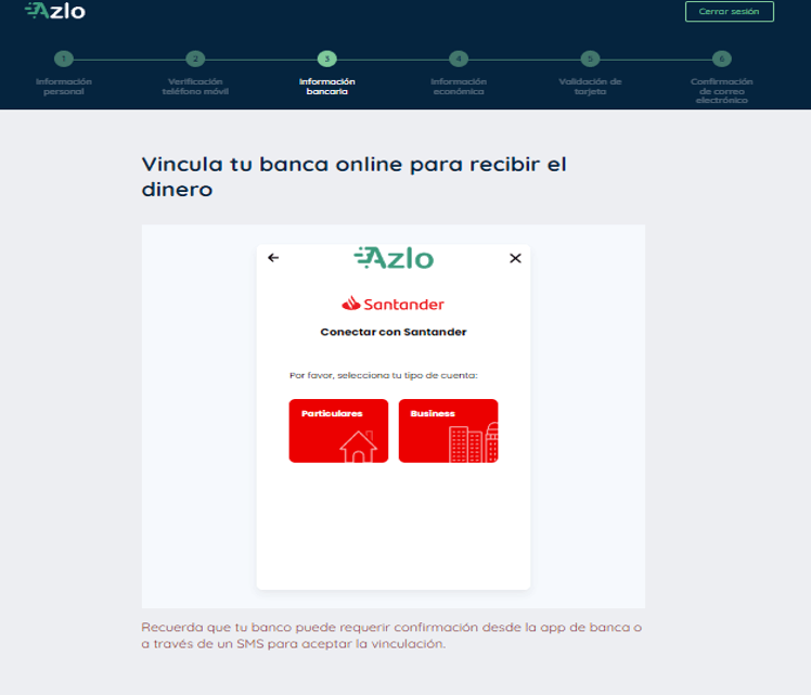 Simulación Minicrédito Azlo - Selección tipo de cuenta en el proceso de vinculación de banca online