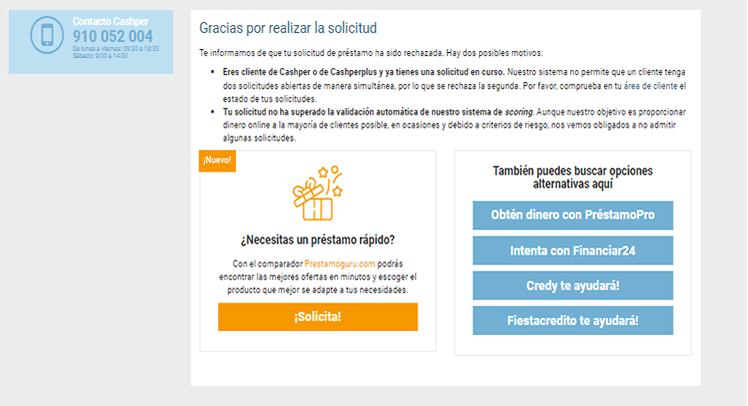 Cashper - Nuestra solicitud no supera la evaluación automática de su sistema de scoring