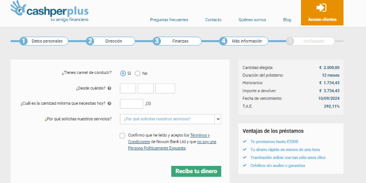 Cashperplus - Finalizamos la solicitud confirmando el importe mínimo que necesitamos así como su finalidad