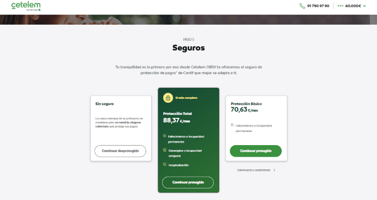 Simulación Préstamo Cetelem - Contratación seguros básico y protección total