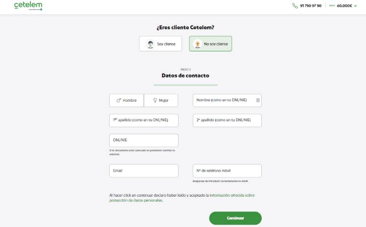 Simulación Préstamo Cetelem . Formulario datos de contacto