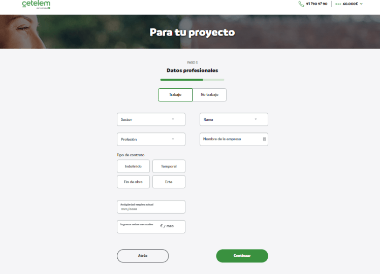 Simulación Préstamo Cetelem - Registro datos profesionales si trabajamos
