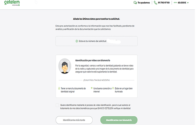 Simulación Préstamo Cetelem - Estudio de Biometría del solicitante