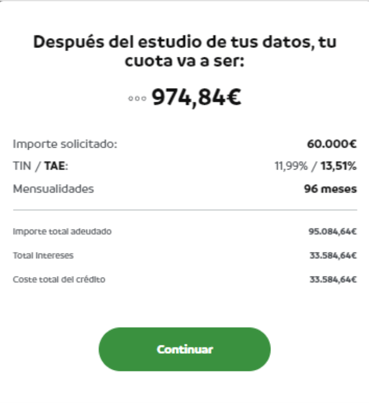 Simulación Préstamo Cetelem - Oferta de financiación después del estudio