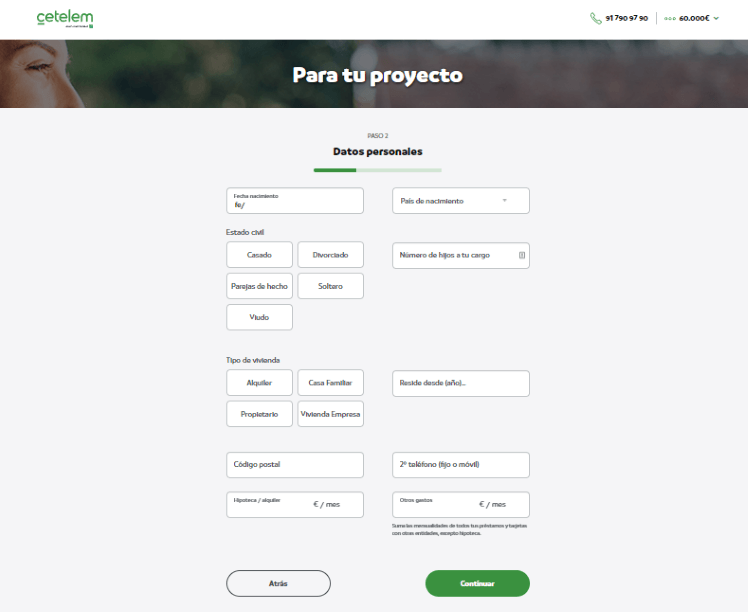 Simulación Préstamo Cetelem - Formulario datos personales y gastos