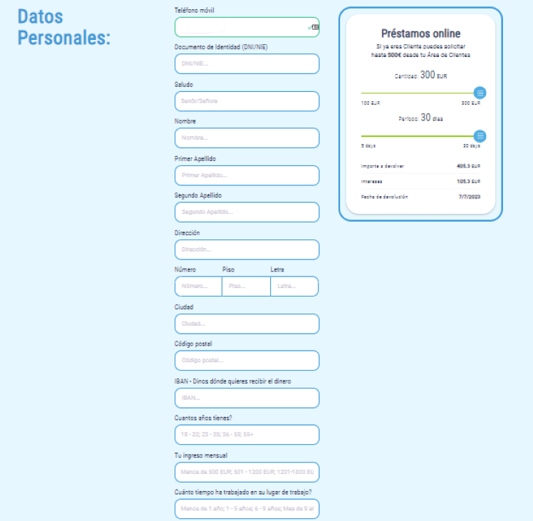 Creditero Minicrédito - Formulario de registro de datos personales del solicitante