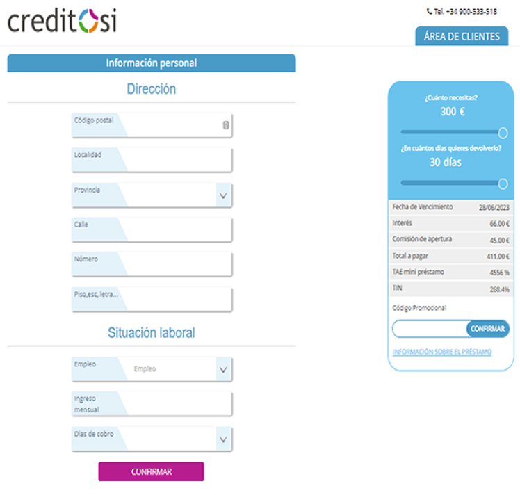 Simulación Minicrédito Creditosi - Información personal y laboral