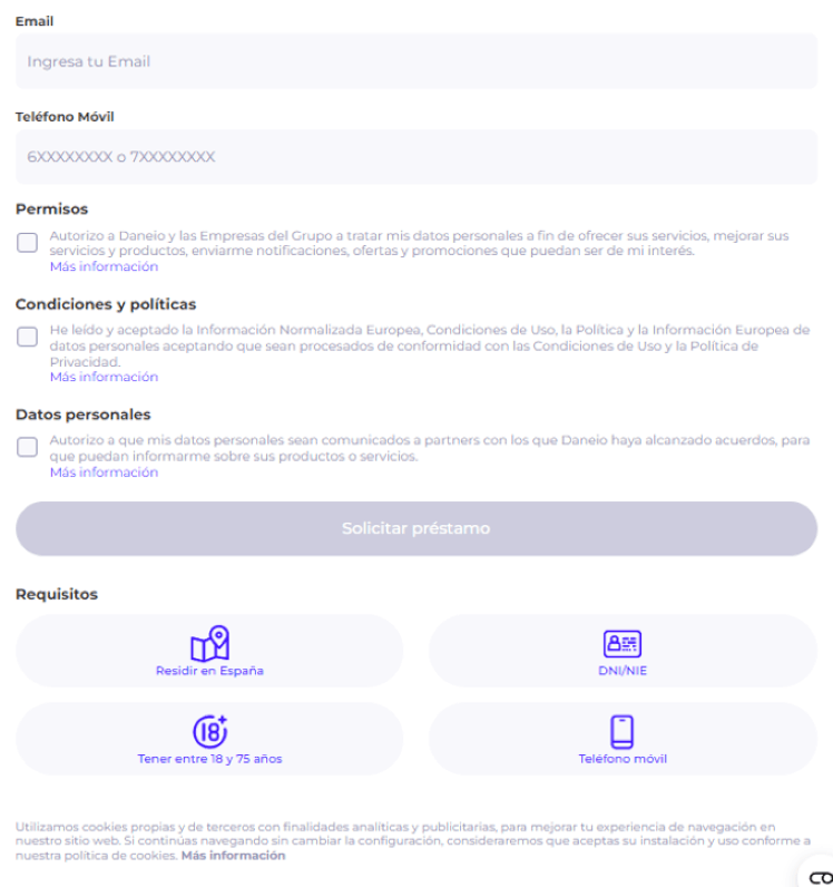 Simulación Minicrédito Daneio - Formulario registro datos de contacto