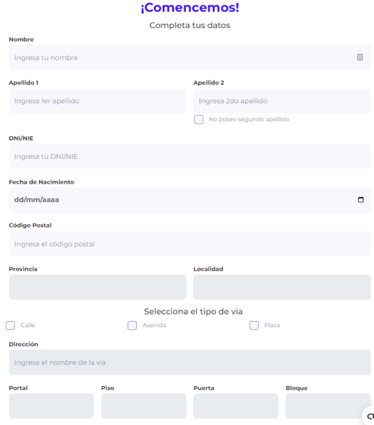 Simulación Minicrédito Daneio - Formulario de registro de datos personales