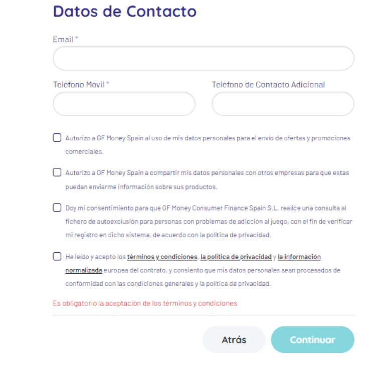 Simulación Minicrédito Dinevo - Registro datos de contacto