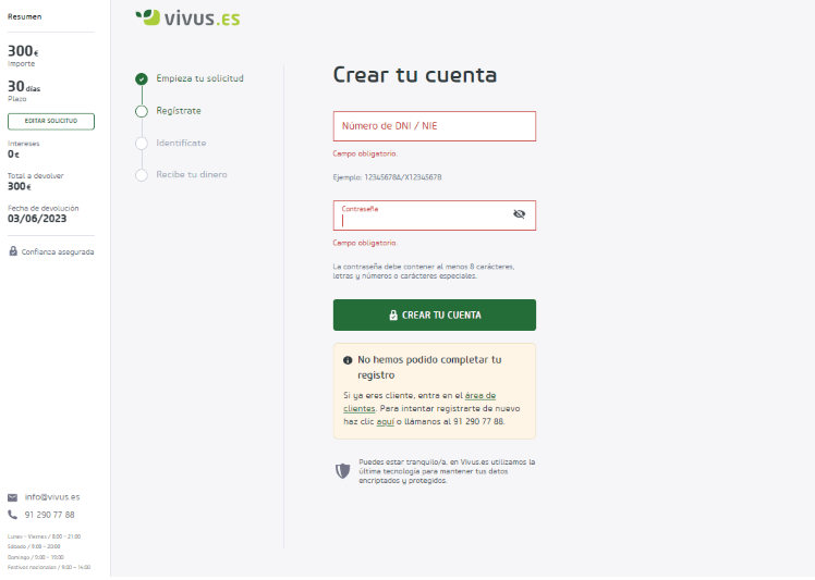 Simulación minicrédito Vivus - Error de registro