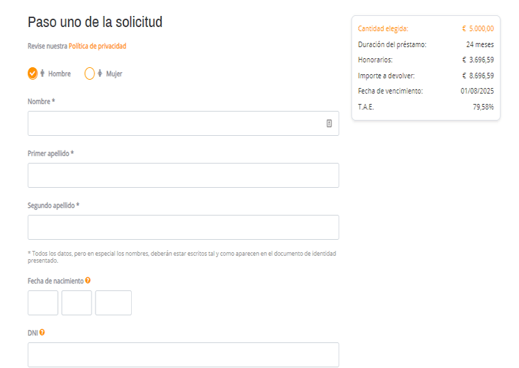 Facilitamos nuestros datos personales en el formulario de registro habilitado para tal fin por Fidinda.