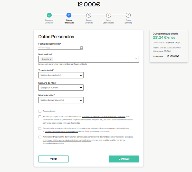 Simulación Préstamo Lea Bank - Formulario Datos personales