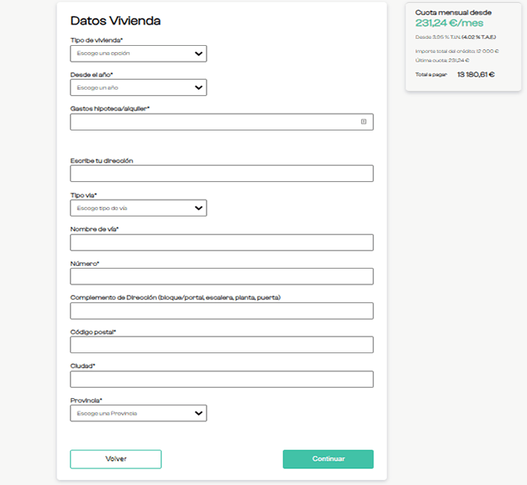 Simulación Préstamo Lea Bank - Formulario Datos Vivienda