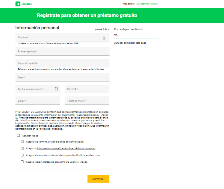 Simulación Minicréditos Loaney - Registro datos personales