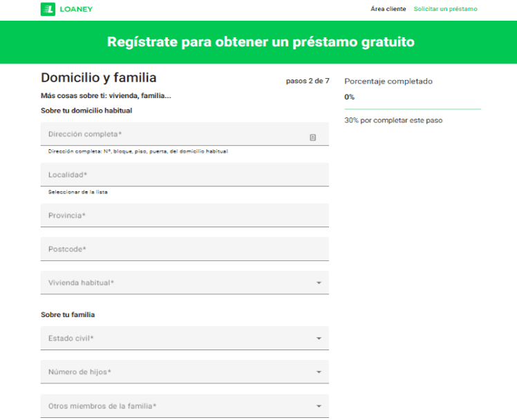 Simulación Minicrédito Loaney - Registro domicilio y familia con verificación de teléfono móvil