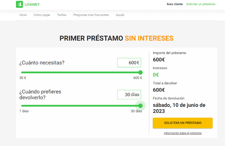 Simulación Minicrédito Loaney - Simulador de préstamos rápidos hasta 600 euros