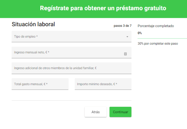 Simulación Minicrédito Loaney - Registro situación laboral del solicitante