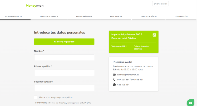 Simulación Minicrédito Moneyman - Registro datos personales