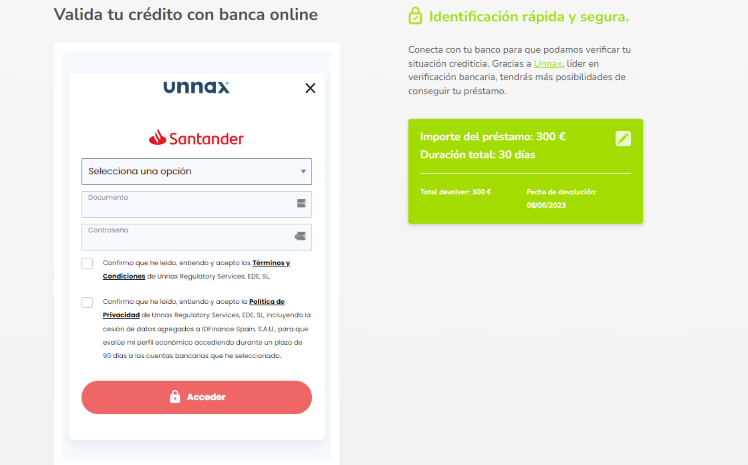 Simulación Minicrédito Moneyman - Validación Banca Online