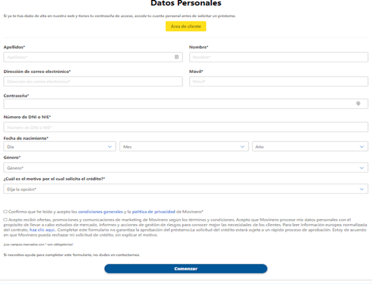 Completamos el formulario de datos personales requerido por Movinero