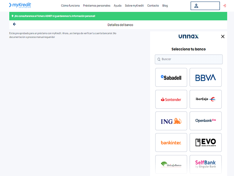 Simulación Mini préstamo Mykredit - Selección entidad bancaria a través de Unnax
