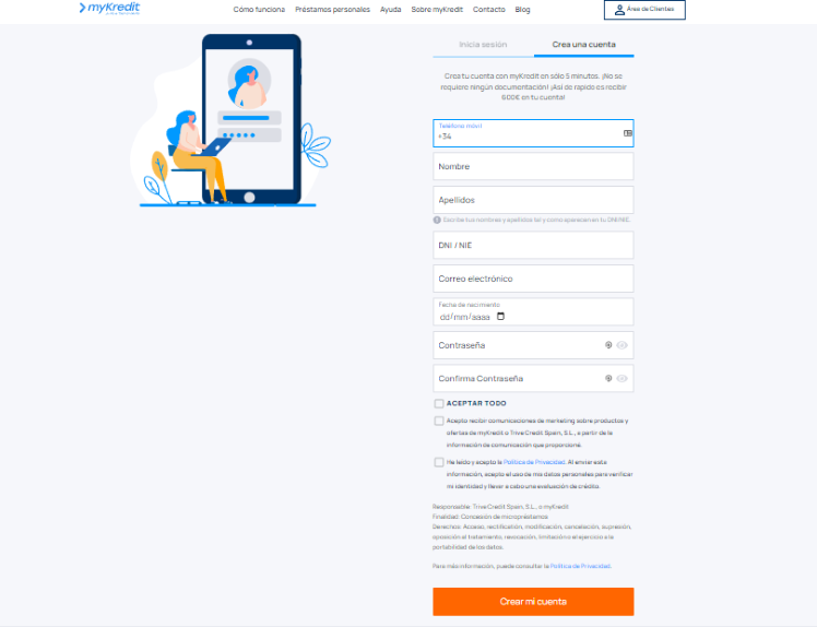Simulación Mini préstamo Mykredit - Formulario de registro para creación de una cuenta