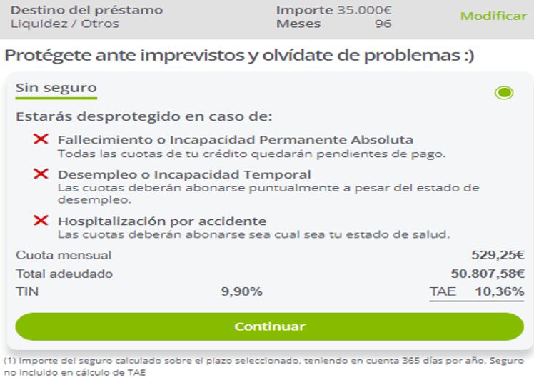 Simulación Préstamo Oney - Elección préstamo sin seguro