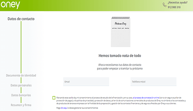 Simulación Préstamo Oney - Proceso de identificación personal y bancaria