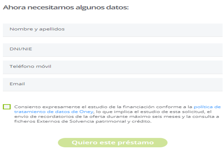 Simulación Préstamo Oney - Formulario datos de contacto