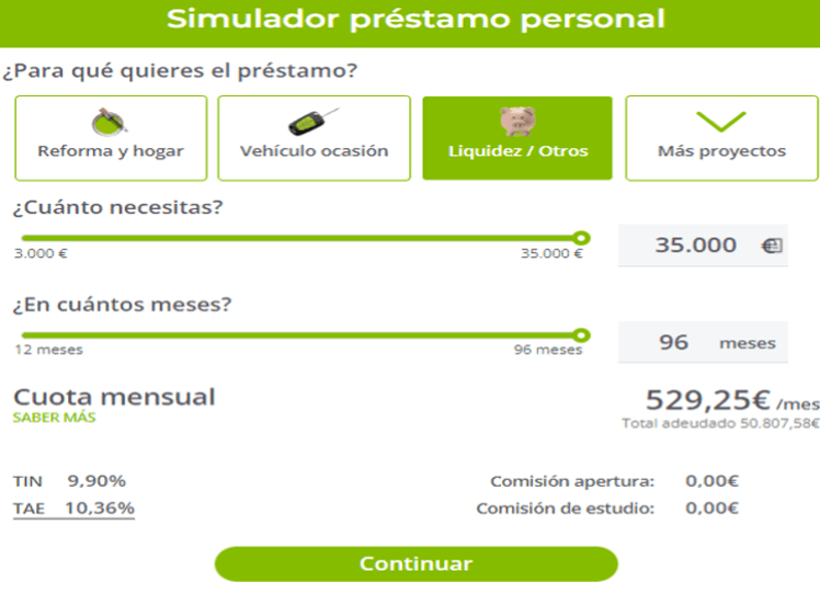 Simulación Préstamo Oney - Simulador principal donde escogemos importe y plazo de devolución