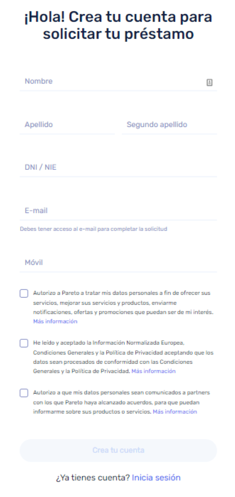 Pareto Minicrédito - Formulario de registro para creación de cuenta de usuario con Pareto