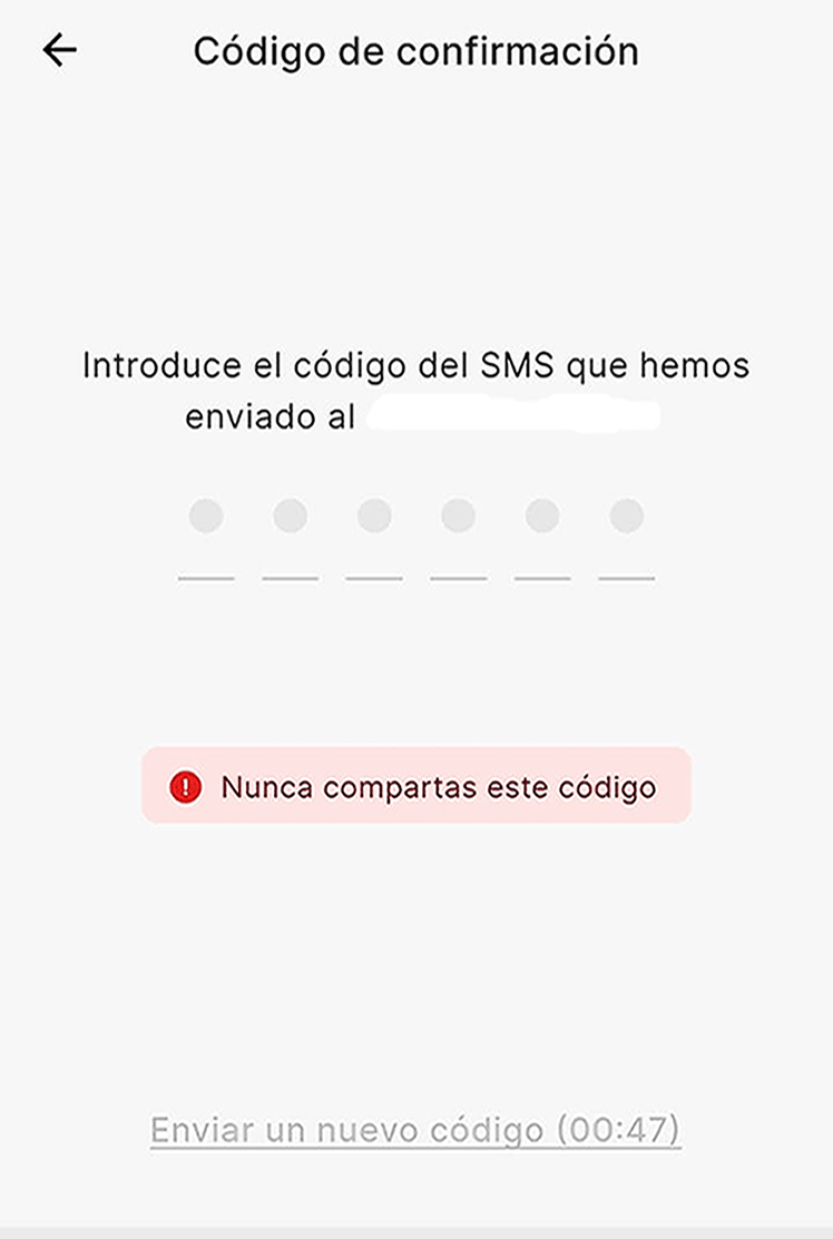 Facilitamos el código de seguridad que recibimos en nuestro teléfono móvil