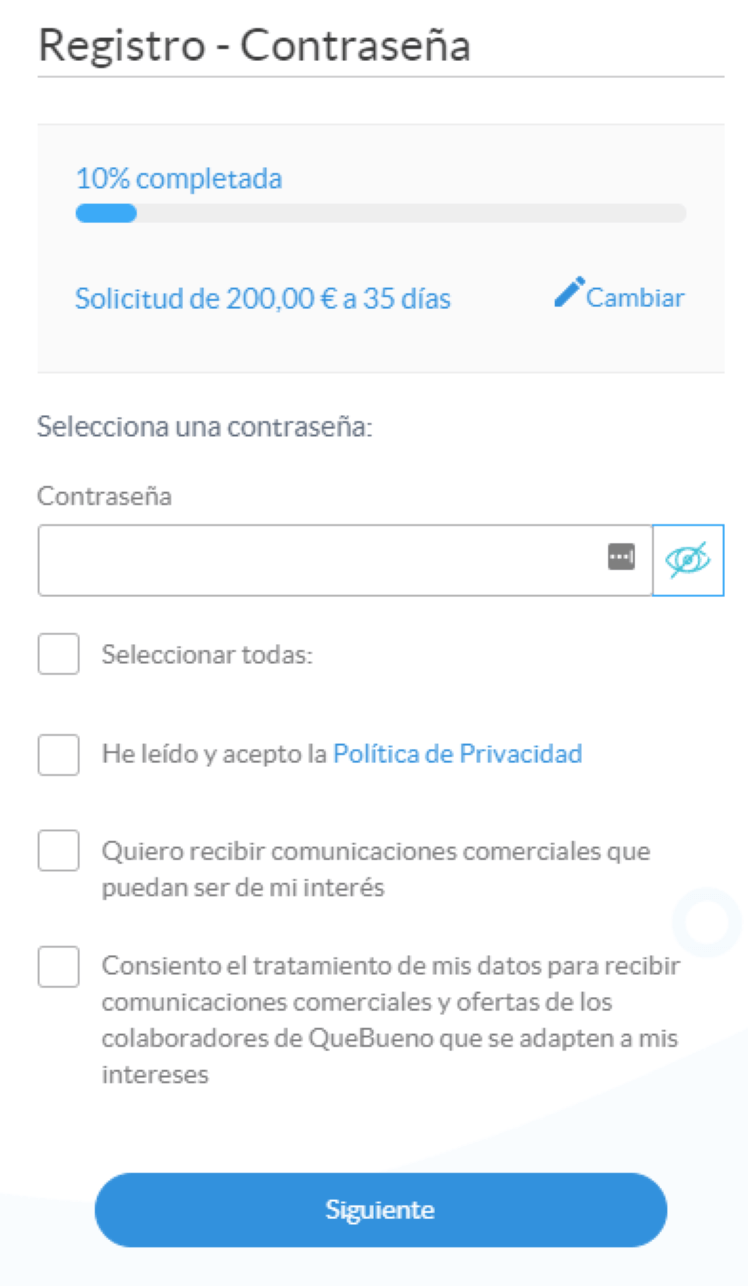 Simulación Minicrédito Quebueno - Creación contraseña de acceso