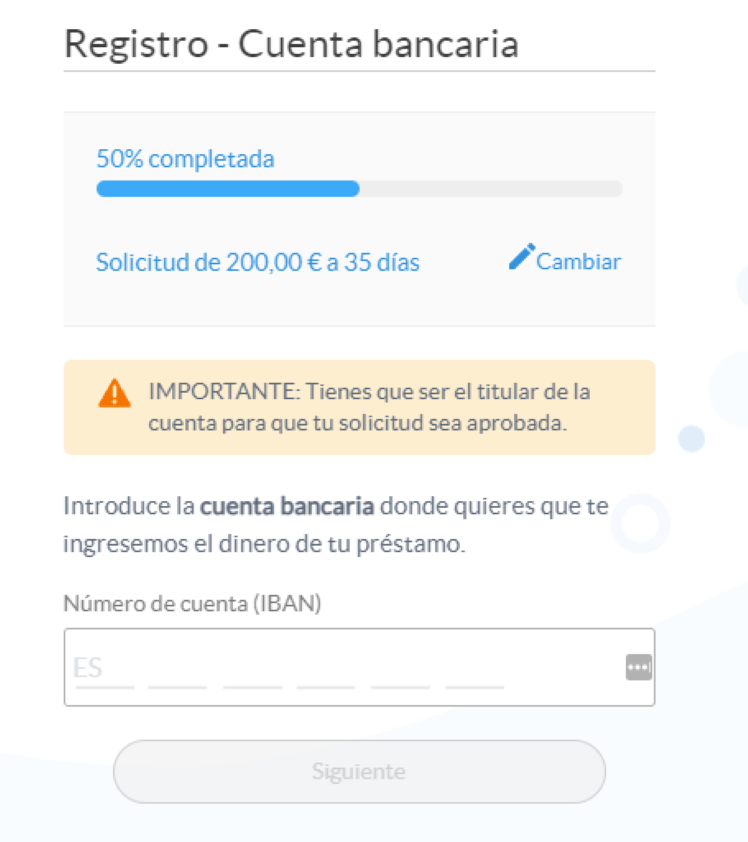 Simulación Minicrédito Quebueno - Información cuenta bancaria del solicitante