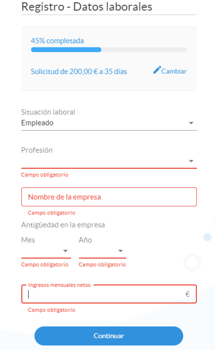 Simulación Minicrédito Quebueno - Registro situación laboral