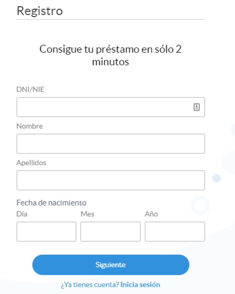 Simulación Minicrédito Quebueno - Inicio del registro facilitando  nuestros datos personales