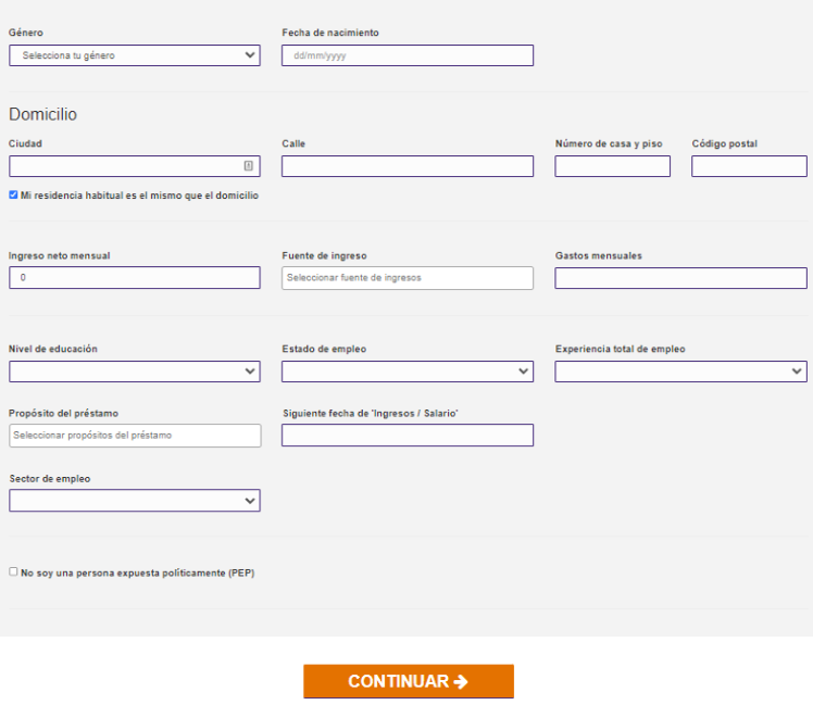 Simpleros Minicrédito a plazos - Formulario de registro datos personales y situación laboral