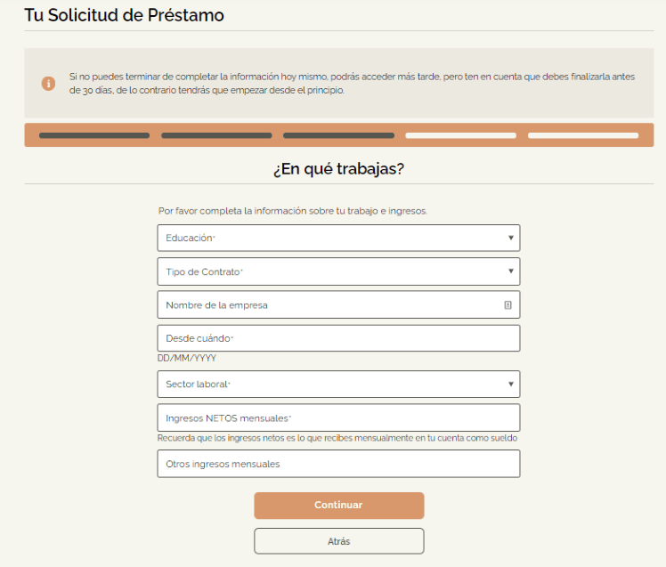 Simulación Préstamo TF Bank - Información laboral e ingresos del solicitante