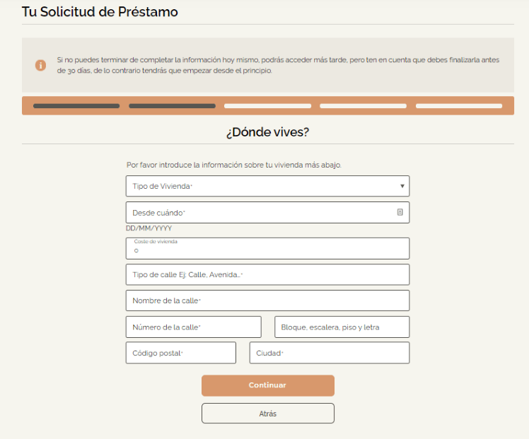 Simulación Préstamo TF Bank - Información lugar de residencia del solicitante