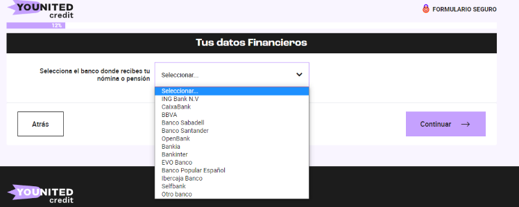 Simulación Préstamo Younited Credit - Datos financieros: selección de entidad bancaria donde recibimos nuestros ingresos