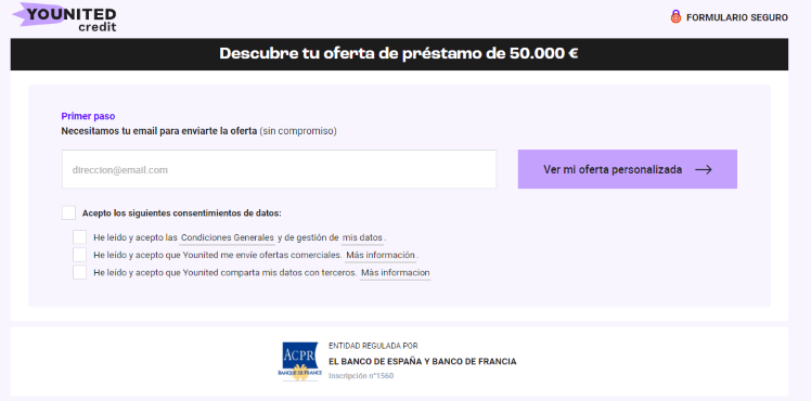 Simulación Préstamo Younited Credit - Registro e-mail para enviar oferta